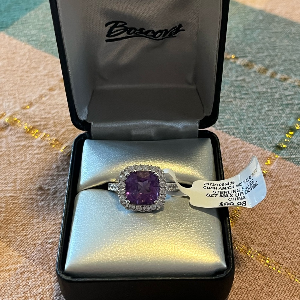 Sterling Silver Amethyst (?) Cushion Halo Ring - Size 7